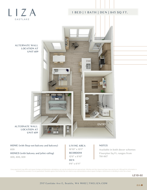 Liza Apartment 3D floor plan - 1x1 845 sqft